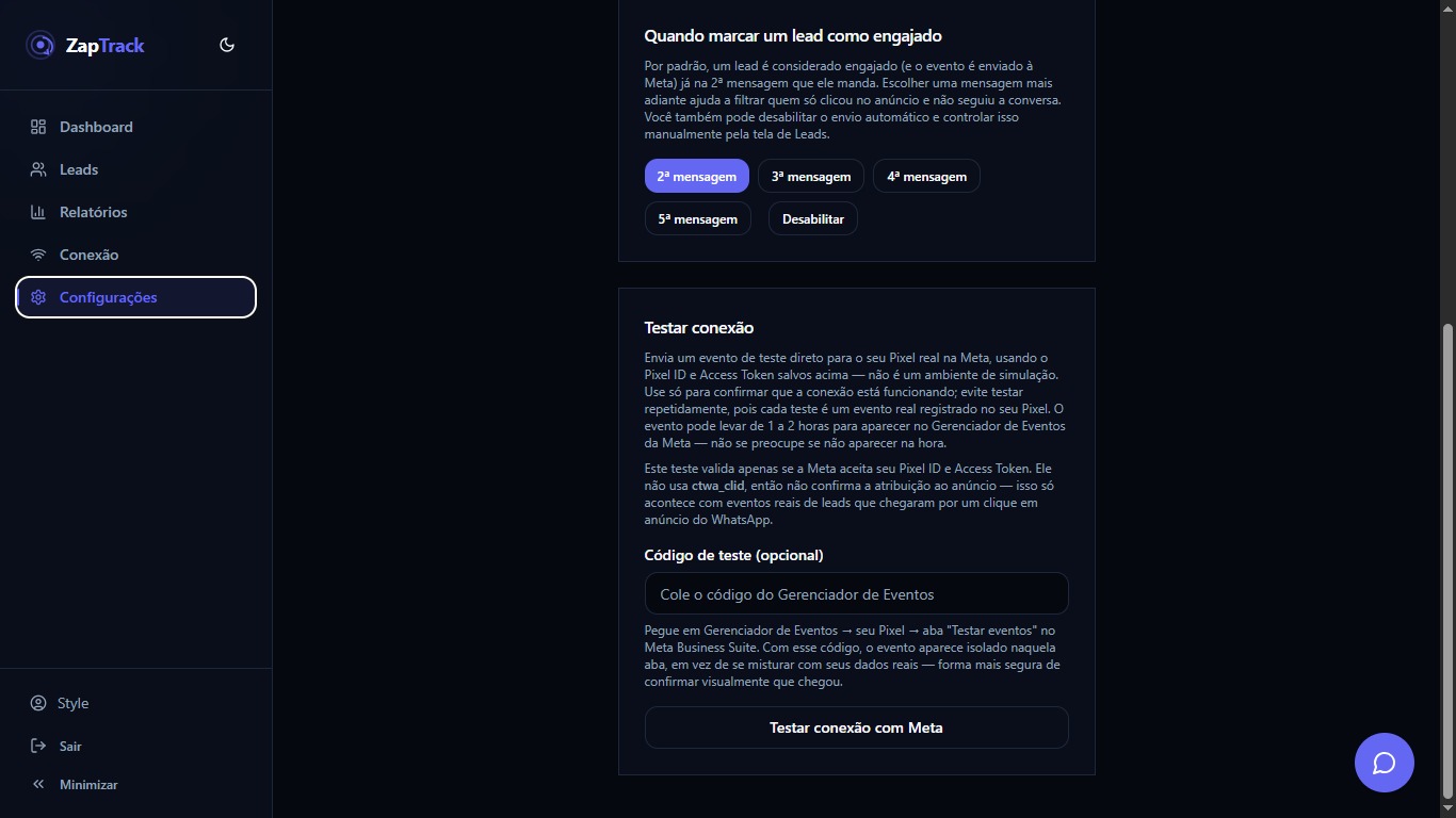 Teste de conexão com a Meta direto da tela de Configurações