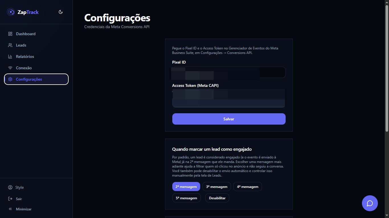 Tela de Configurações com Pixel ID e Access Token da Meta Conversions API